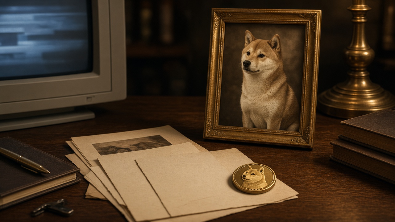 Desk still life suggesting the 2013 making of Dogecoin