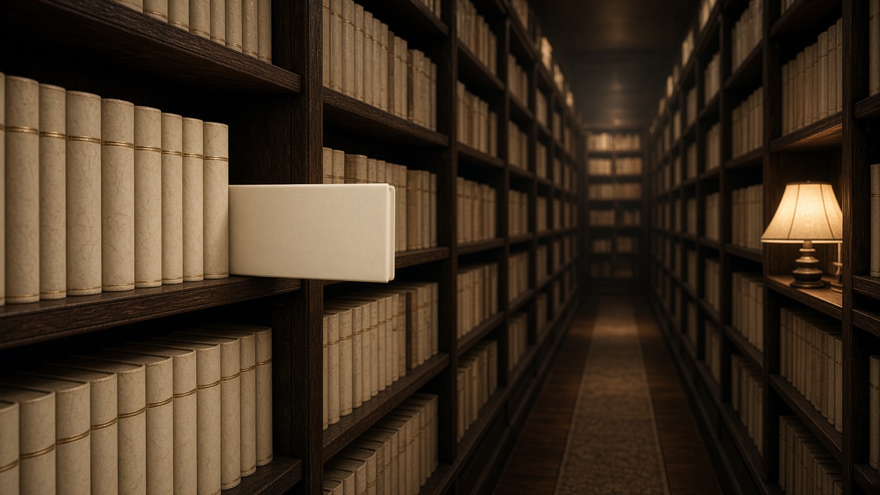 Rows of bound volumes in a dark library