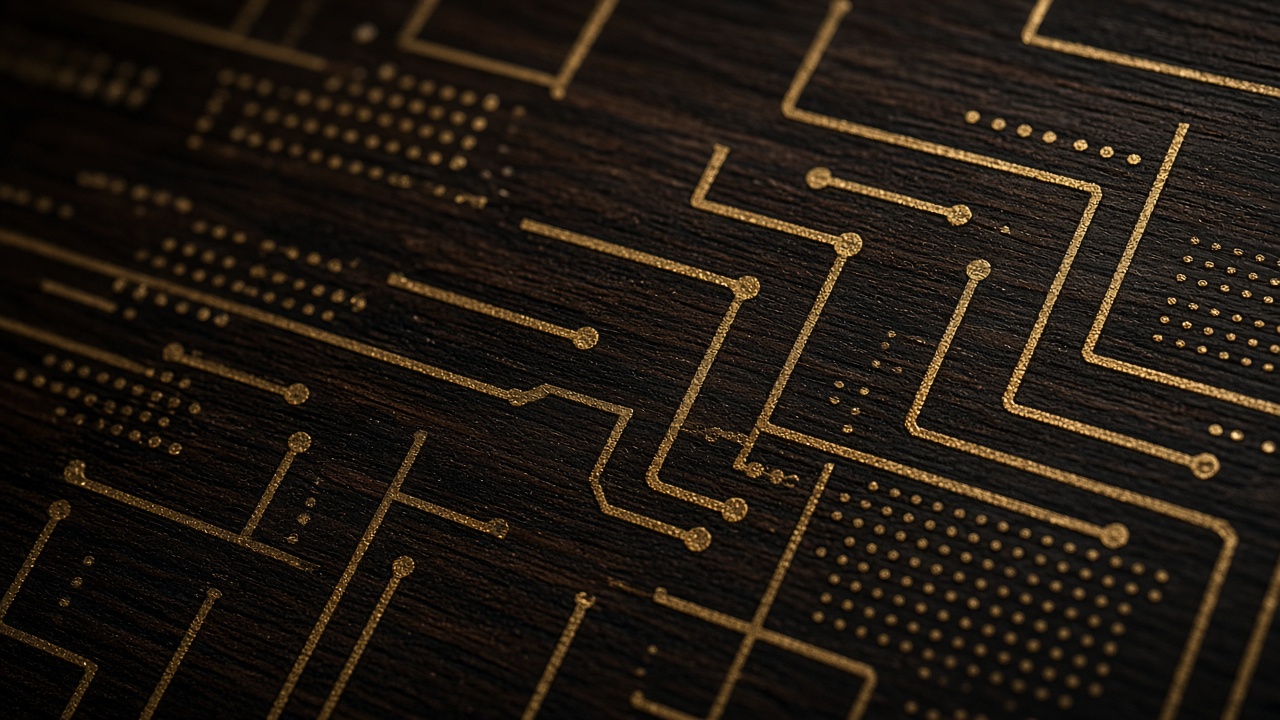 Gold inlay on dark wood suggesting data as craft