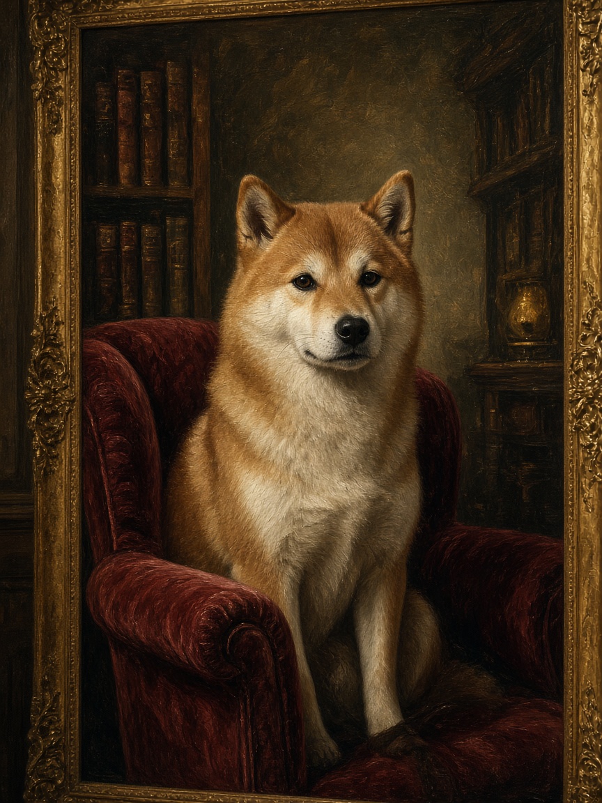 A dignified Shiba Inu seated in a private library